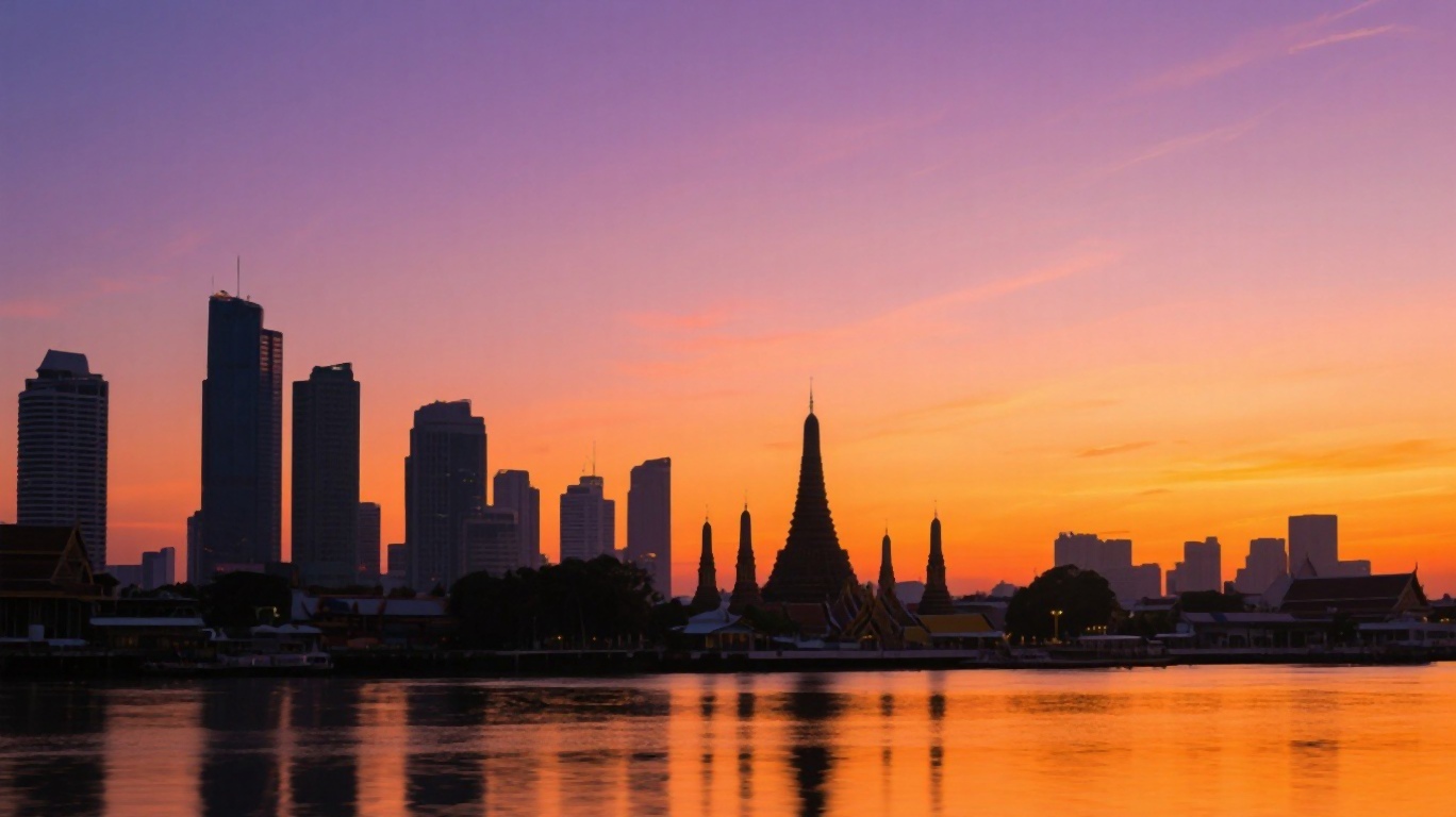 Bangkok skyline at sunset with the Chao Phraya river in the foreground