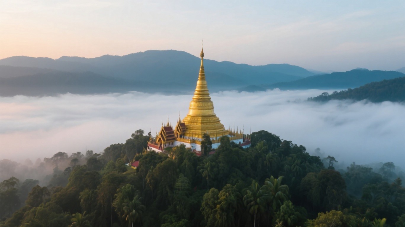 Golden chedi of Doi Suthep temple gleaming above the clouds in Chiang Mai