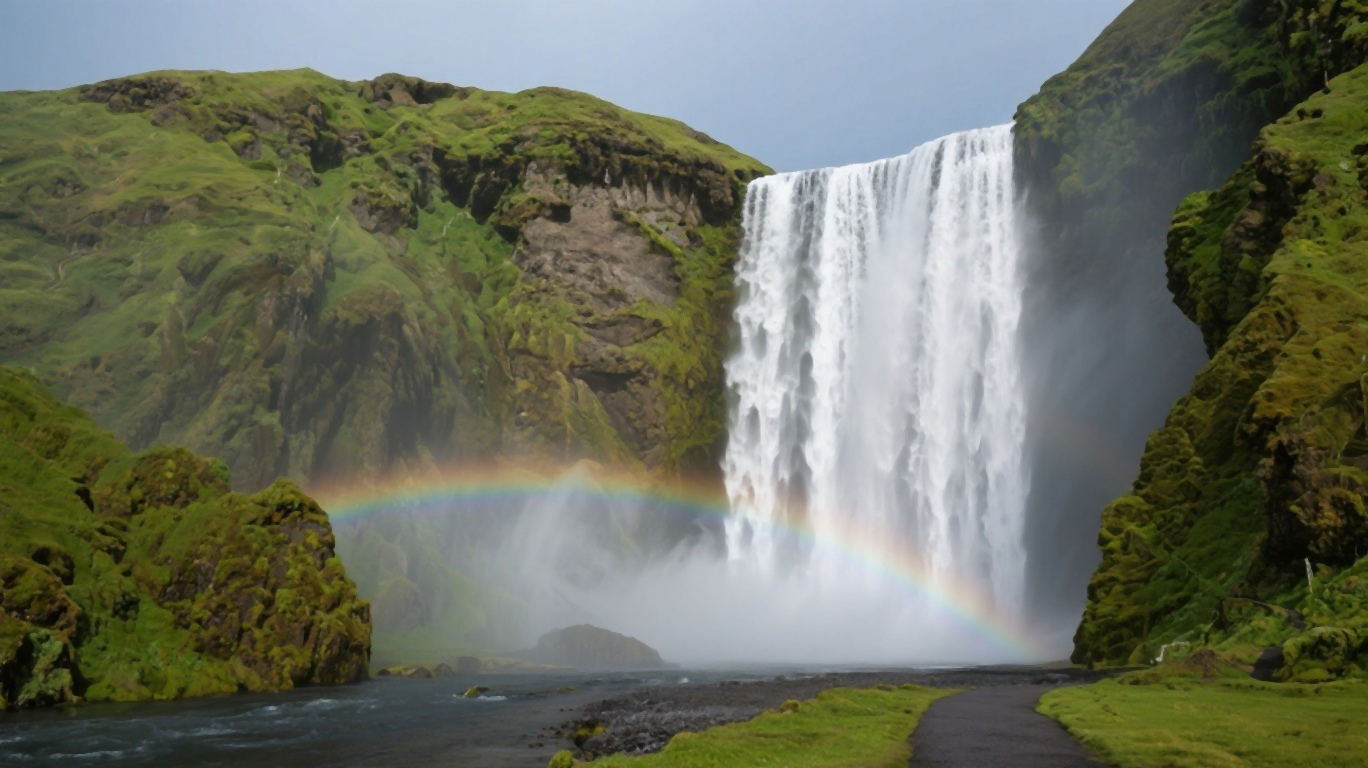 Seljalandsfoss waterfall with visitors walking behind the cascade