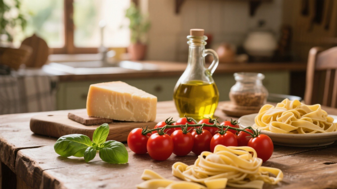 A plate of fresh Italian pasta with tomato sauce and basil