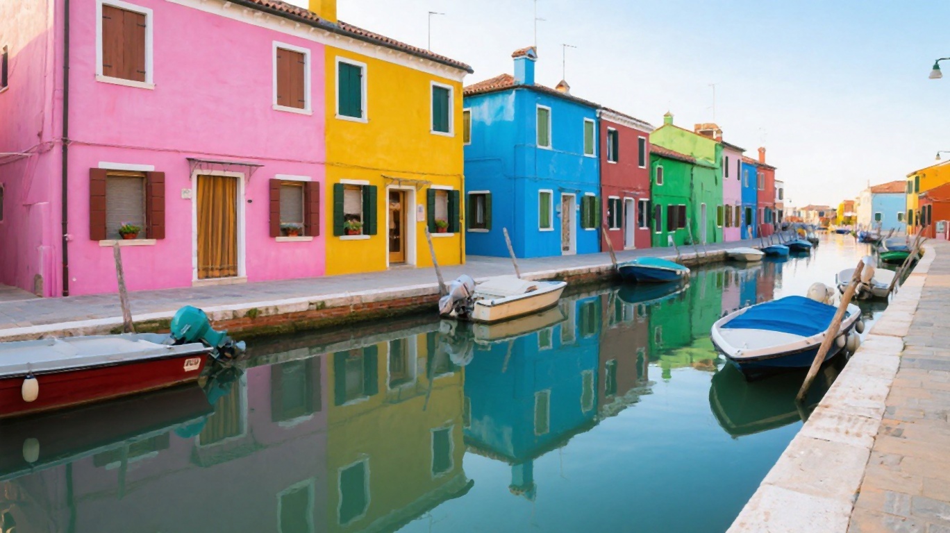 Colourful houses lining a canal in Burano, Venice