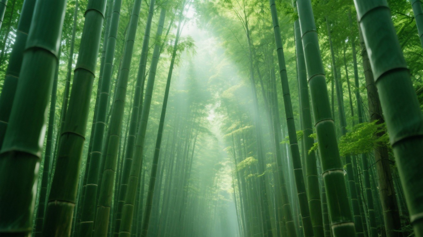 Sunlight filtering through a dense bamboo forest in Kyoto