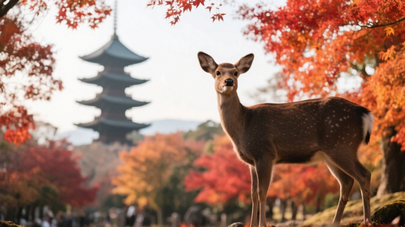 A friendly sika deer in Nara Park with autumn foliage in the background