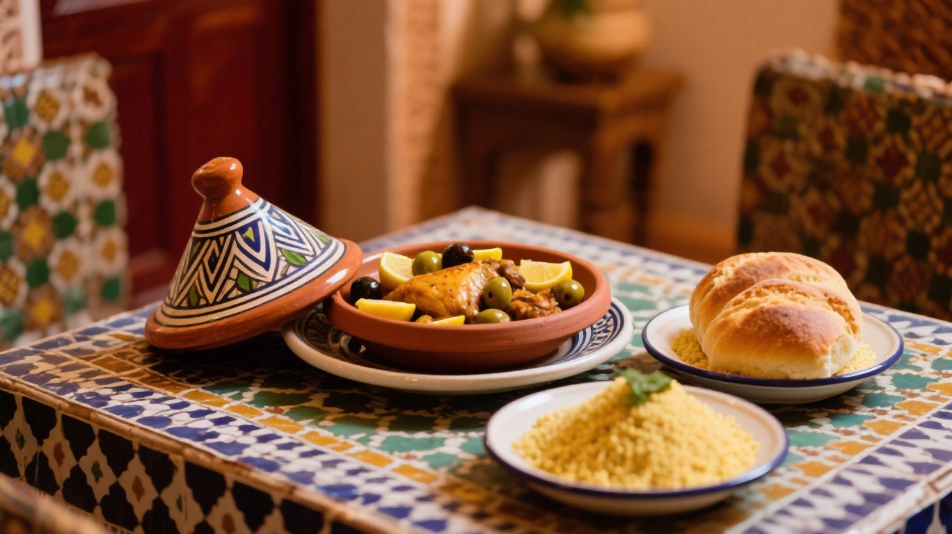 Traditional Moroccan tagine pot with lamb, prunes, and almonds served in a riad courtyard