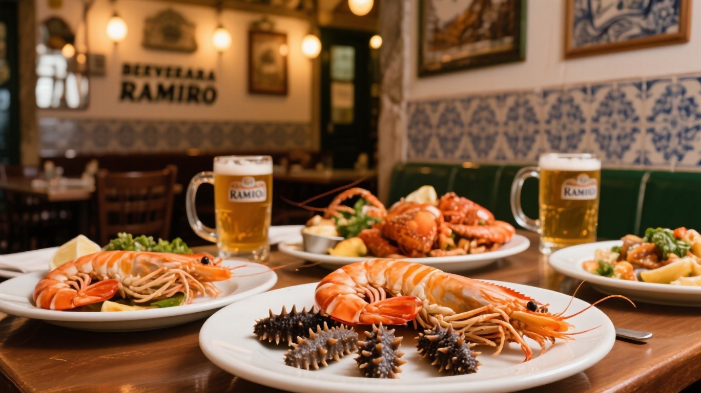 Plates of fresh seafood including tiger prawns and percebes at Cervejaria Ramiro in Lisbon