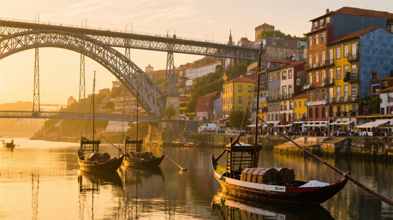 Porto Ribeira waterfront with colorful buildings along the Douro River and Dom Luis I bridge in the background