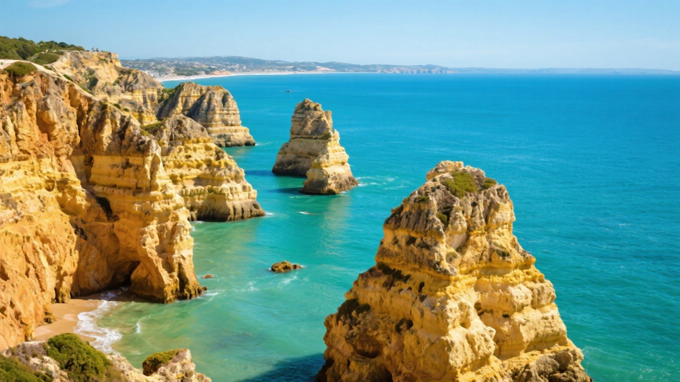 Golden sandstone cliffs and turquoise water at Ponta da Piedade near Lagos in the Algarve