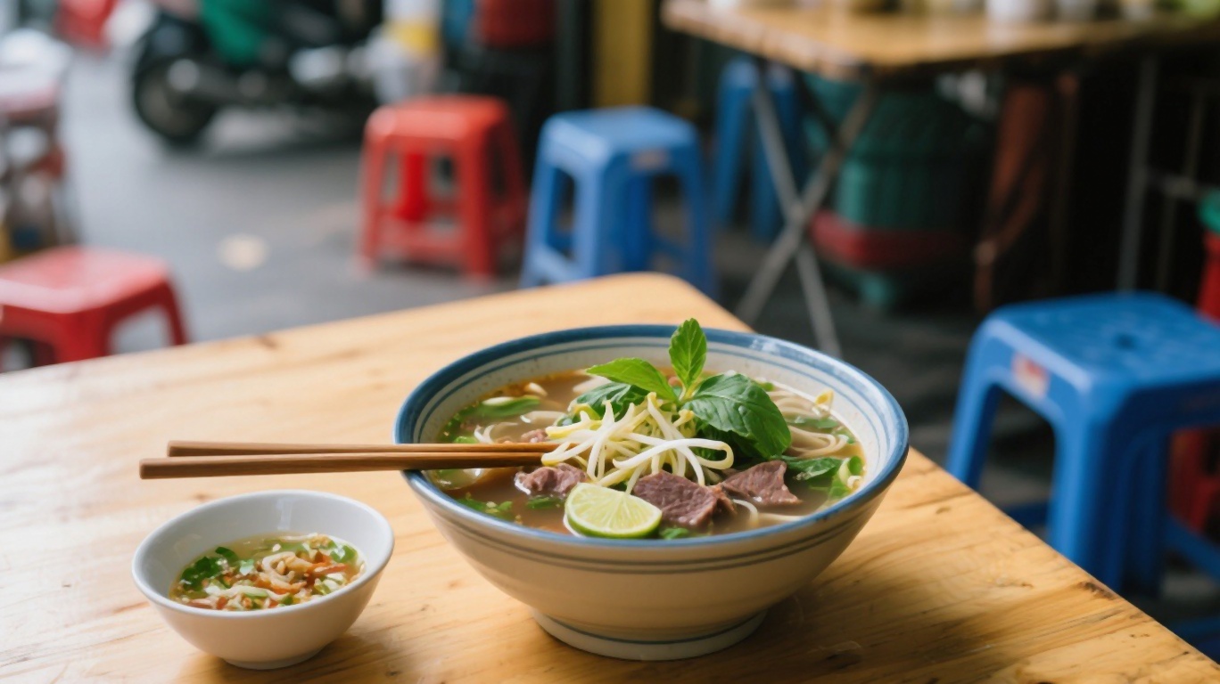 Bowls of pho bo with fresh herbs and lime on a Hanoi street food stall