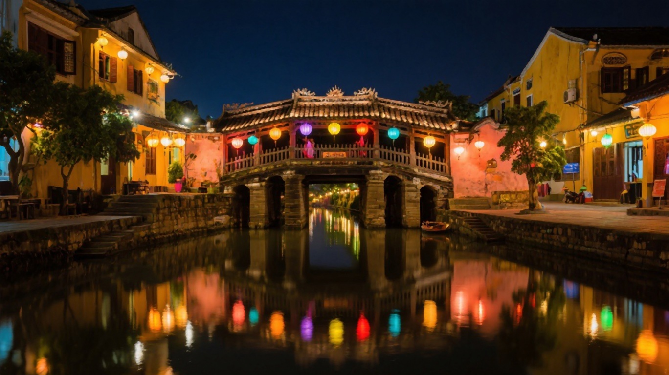 Hoi An's ancient town at night with colorful silk lanterns reflected in the Thu Bon River